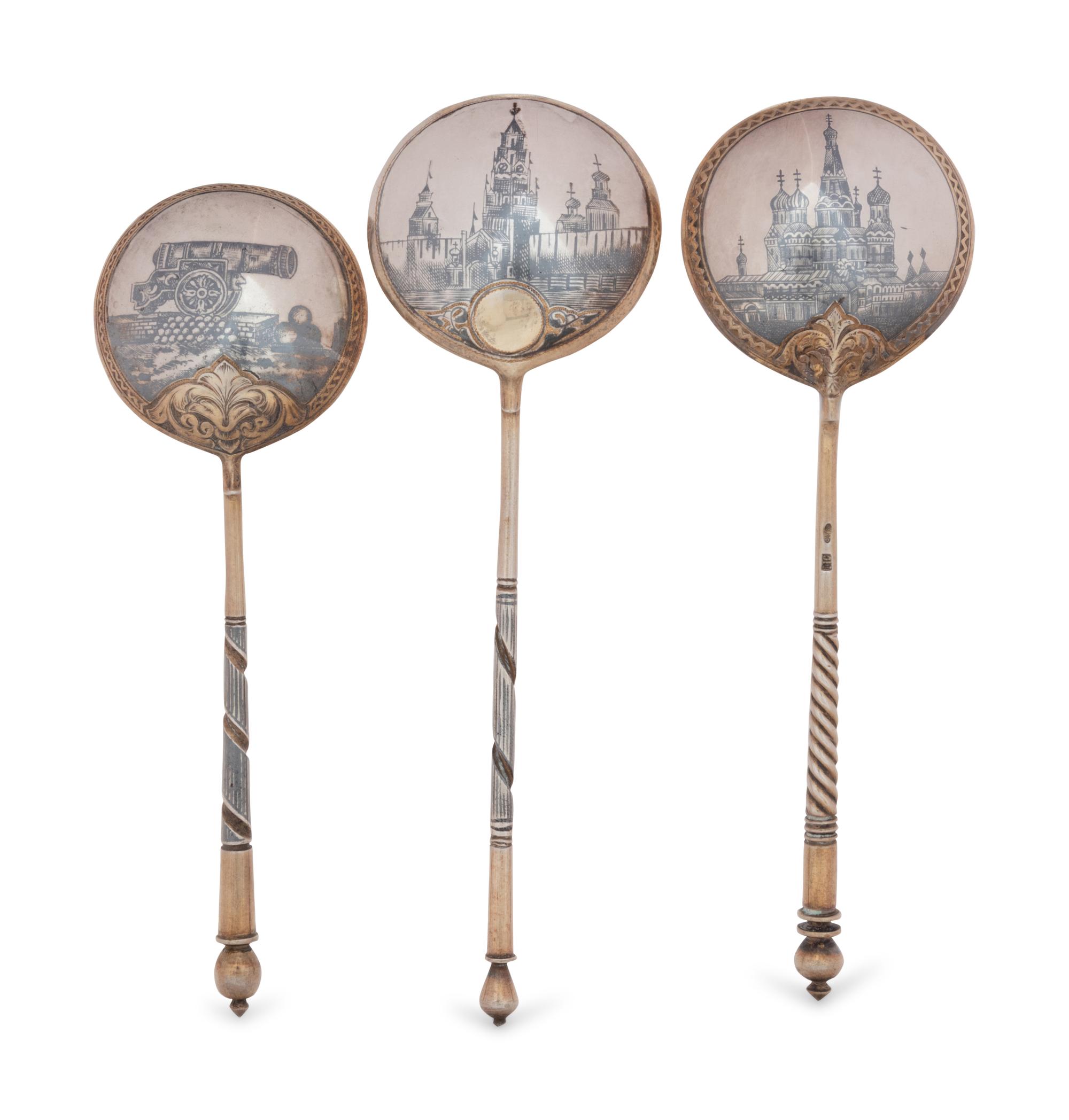 Three Russian Niello Silver Spoons