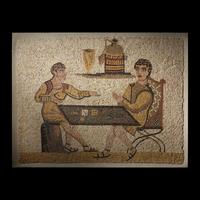 A Roman Style Stone Mosaic Panel with Men Playing a Dice Game