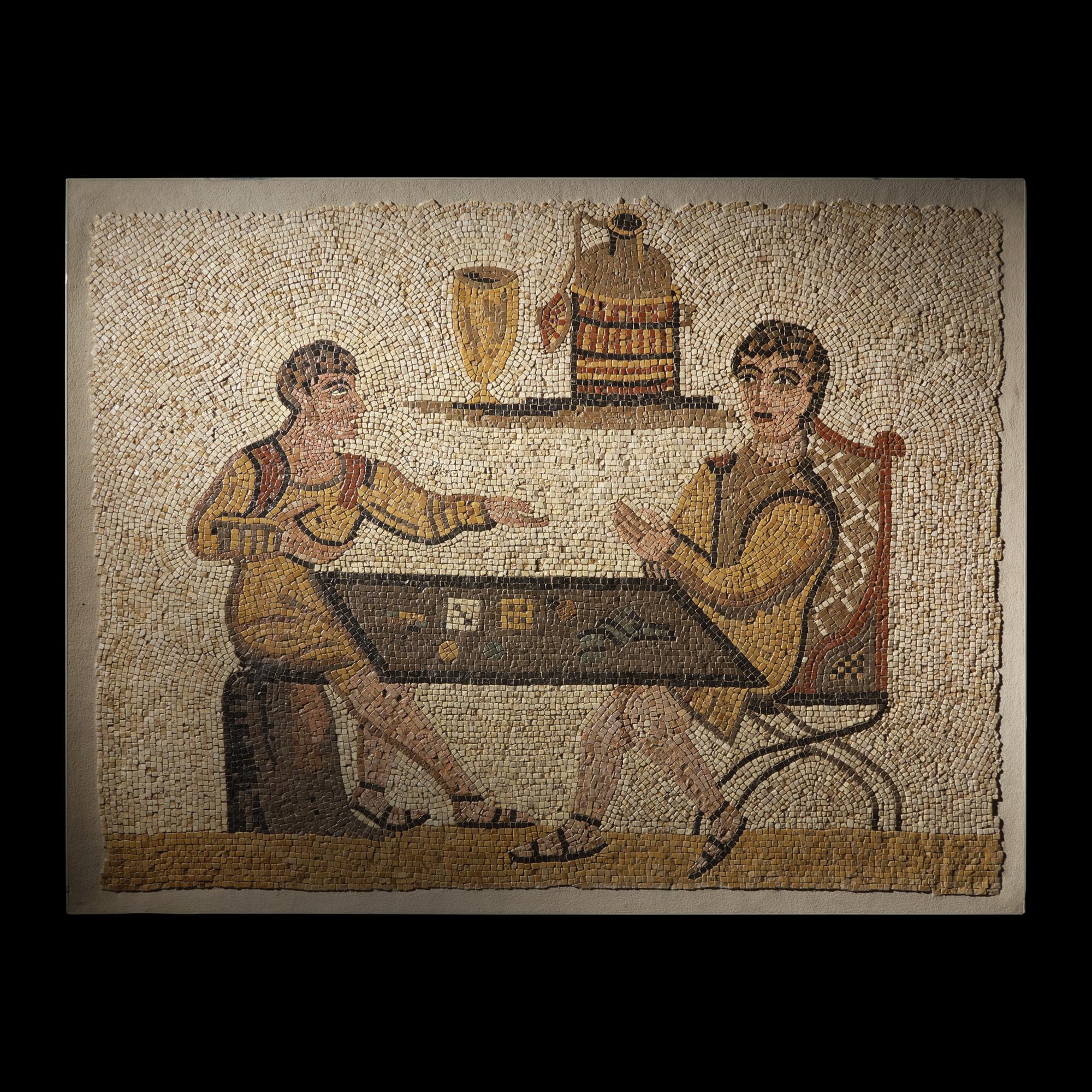 A Roman Style Stone Mosaic Panel with Men Playing a Dice Game