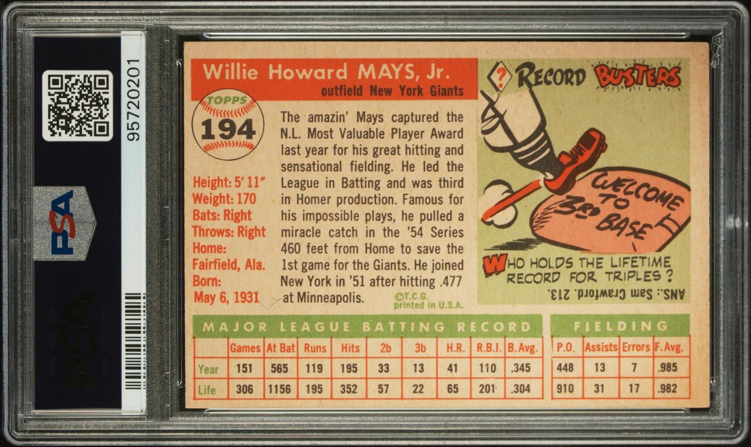 A 1955 Topps Willie Mays Baseball Card No. 194 (PSA 4.5 VG-EX+)