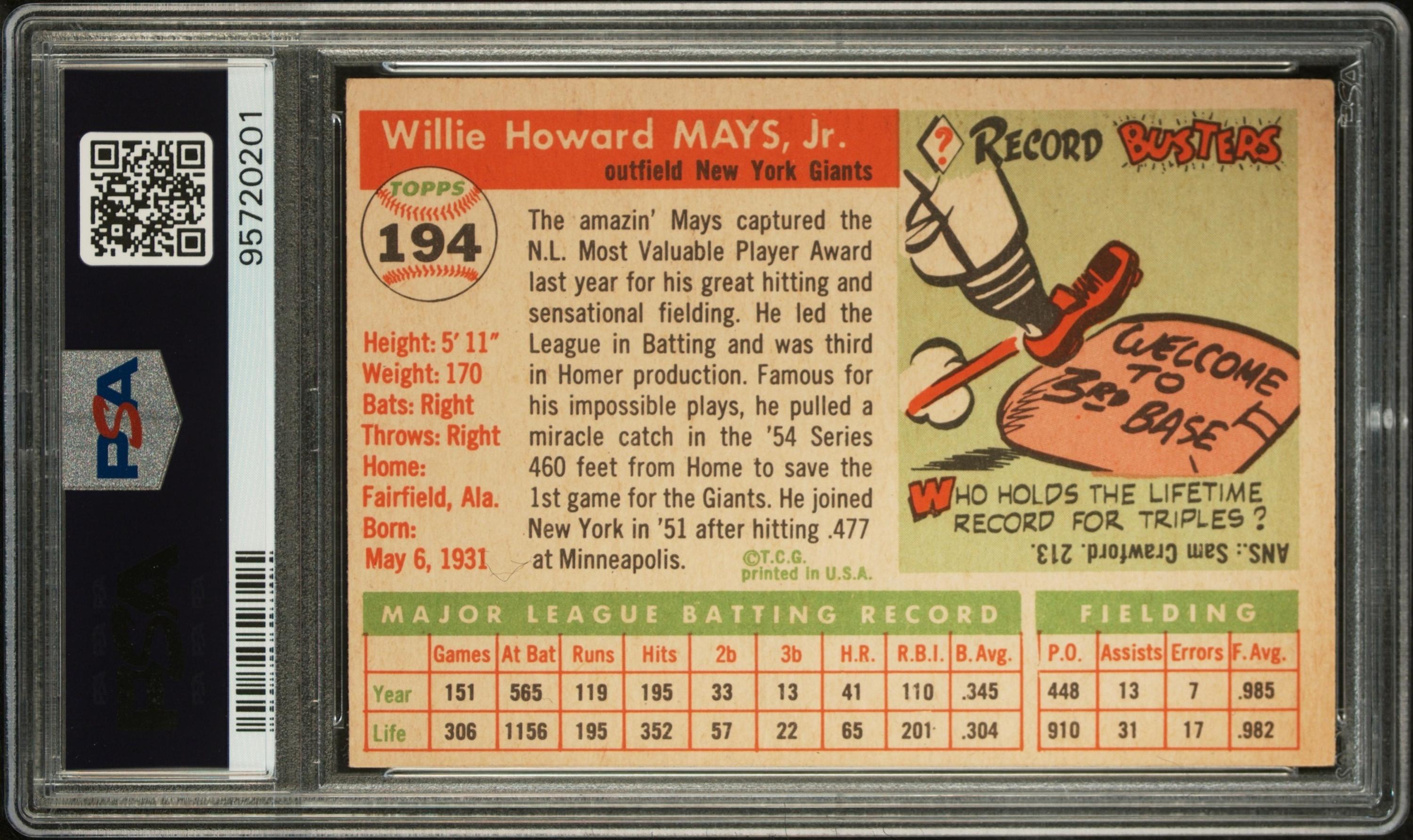A 1955 Topps Willie Mays Baseball Card No. 194 (PSA 4.5 VG-EX+)