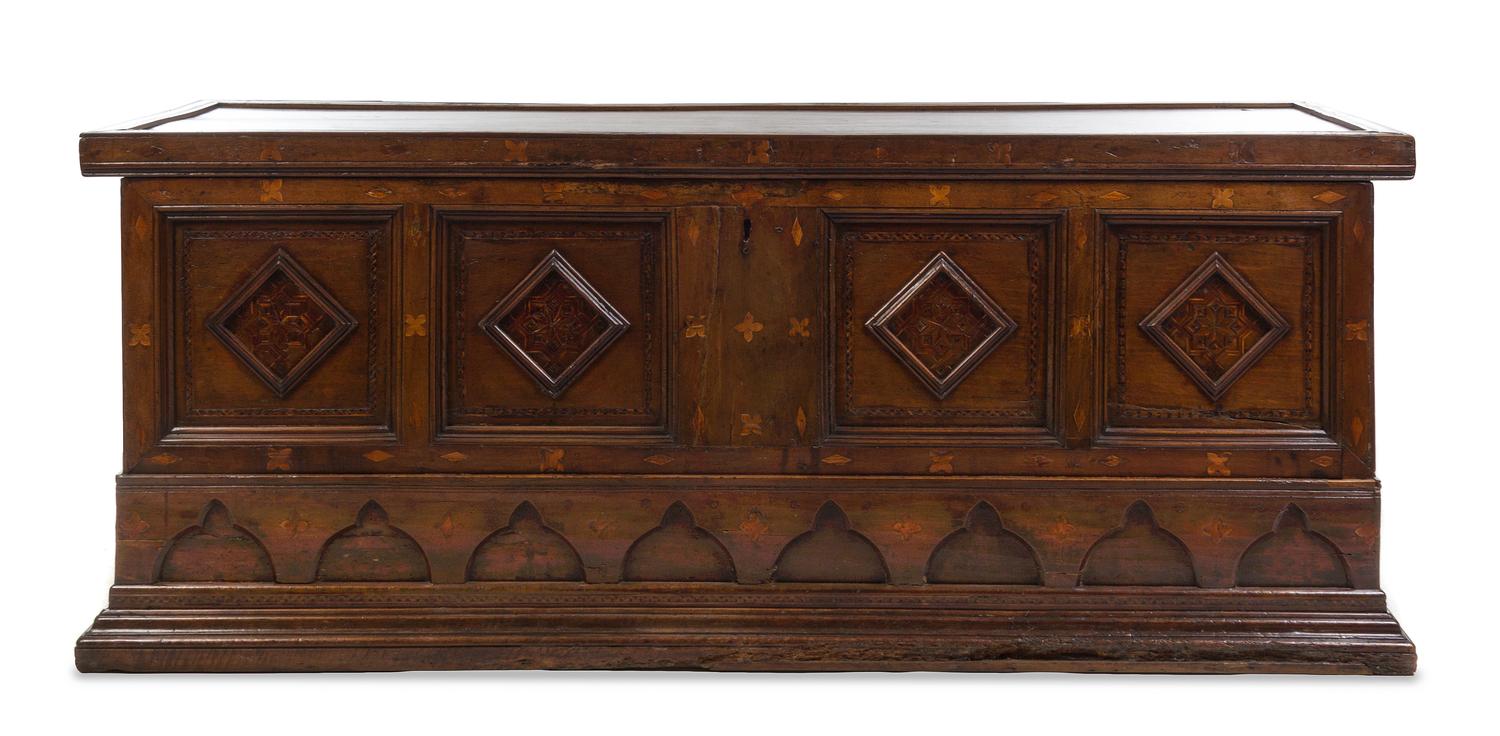 An Italian Walnut and Parquetry Cassone Height 32 x width 80 x depth 24 1/2 inches. — 16TH CENTURY WITH LATER ELEMENTS