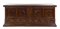 An Italian Walnut and Parquetry Cassone Height 32 x width 80 x depth 24 1/2 inches. — 16TH CENTURY WITH LATER ELEMENTS