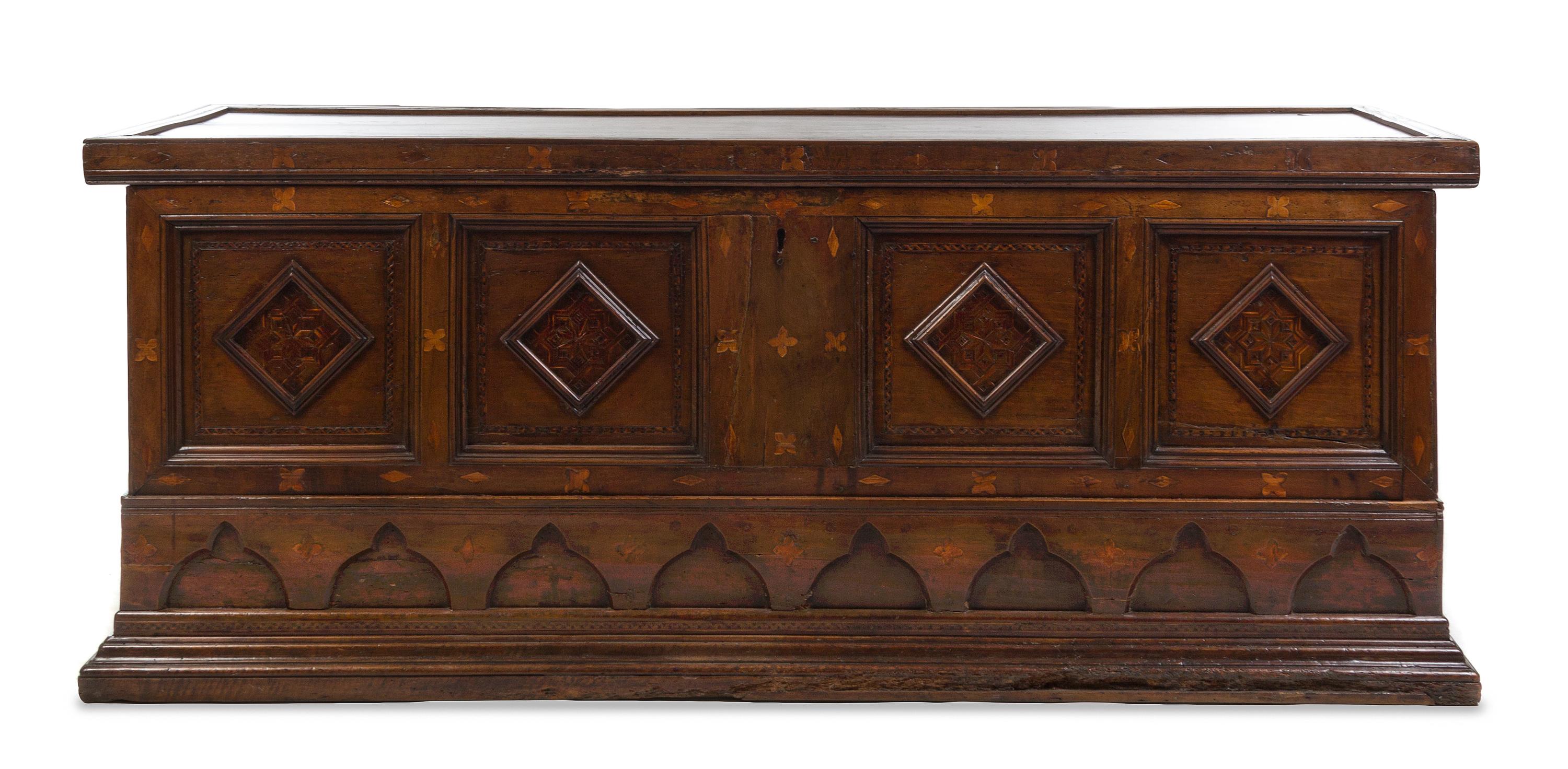 An Italian Walnut and Parquetry Cassone Height 32 x width 80 x depth 24 1/2 inches. — 16TH CENTURY WITH LATER ELEMENTS