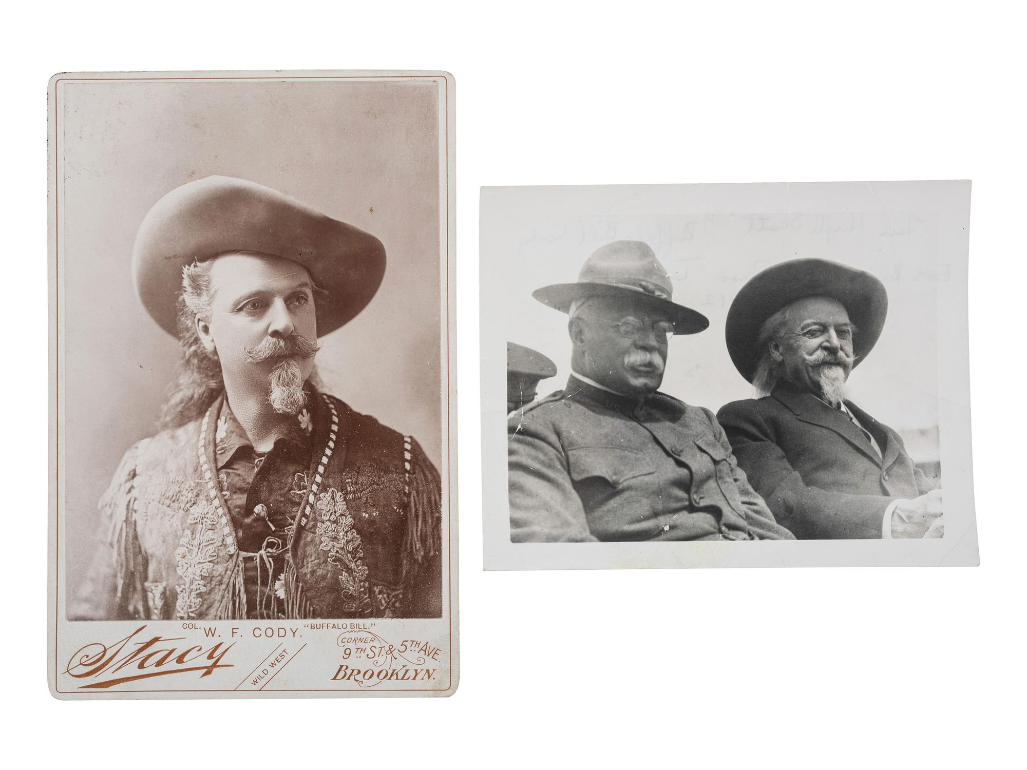 [WILD WEST SHOWS]. A group of 2 photographs of Buffalo Bill Cody, incl. cabinet card photograph by Stacy.