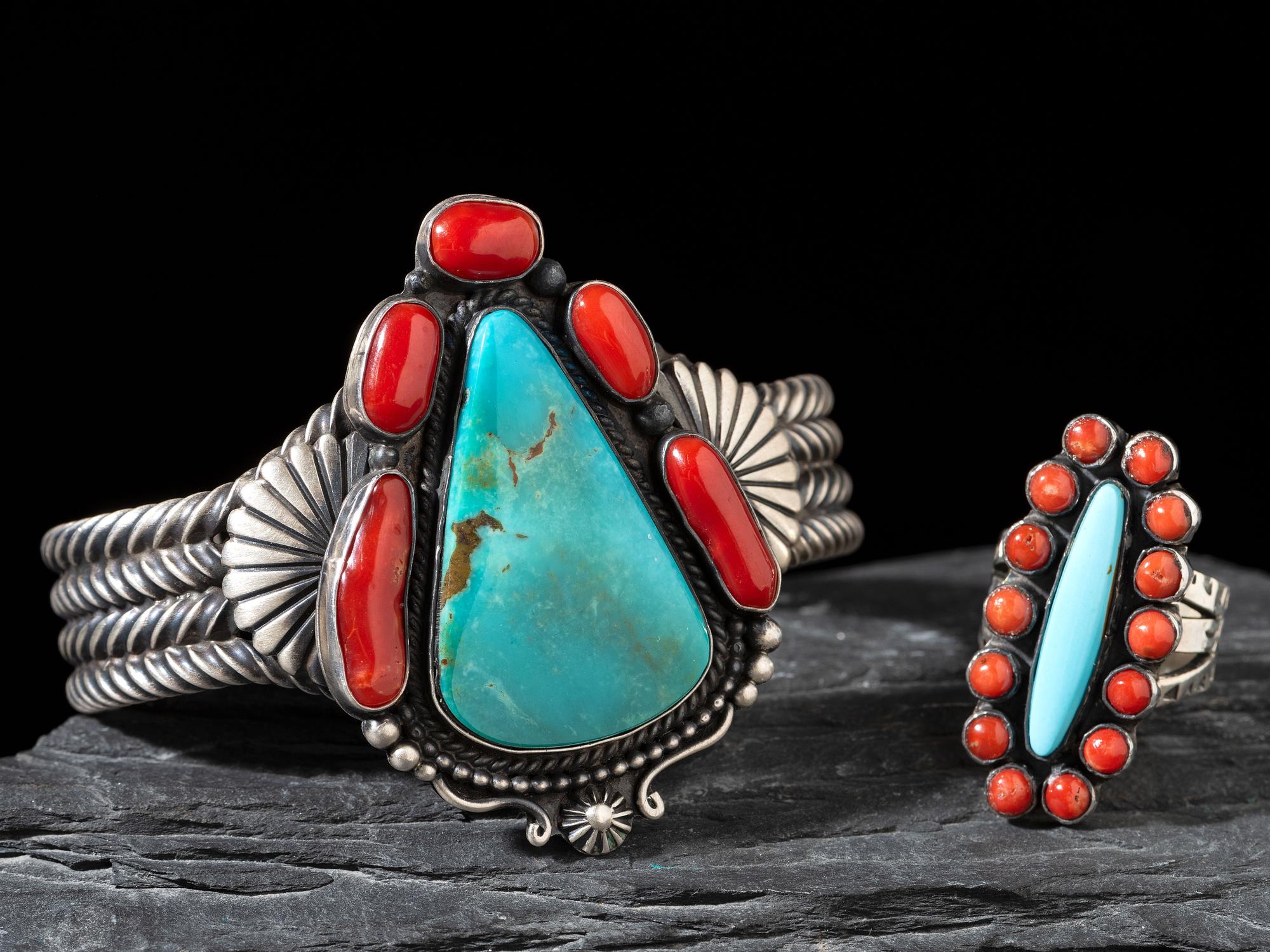 Sterling Silver, Turquoise, and Coral Cuff Bracelet, PLUS