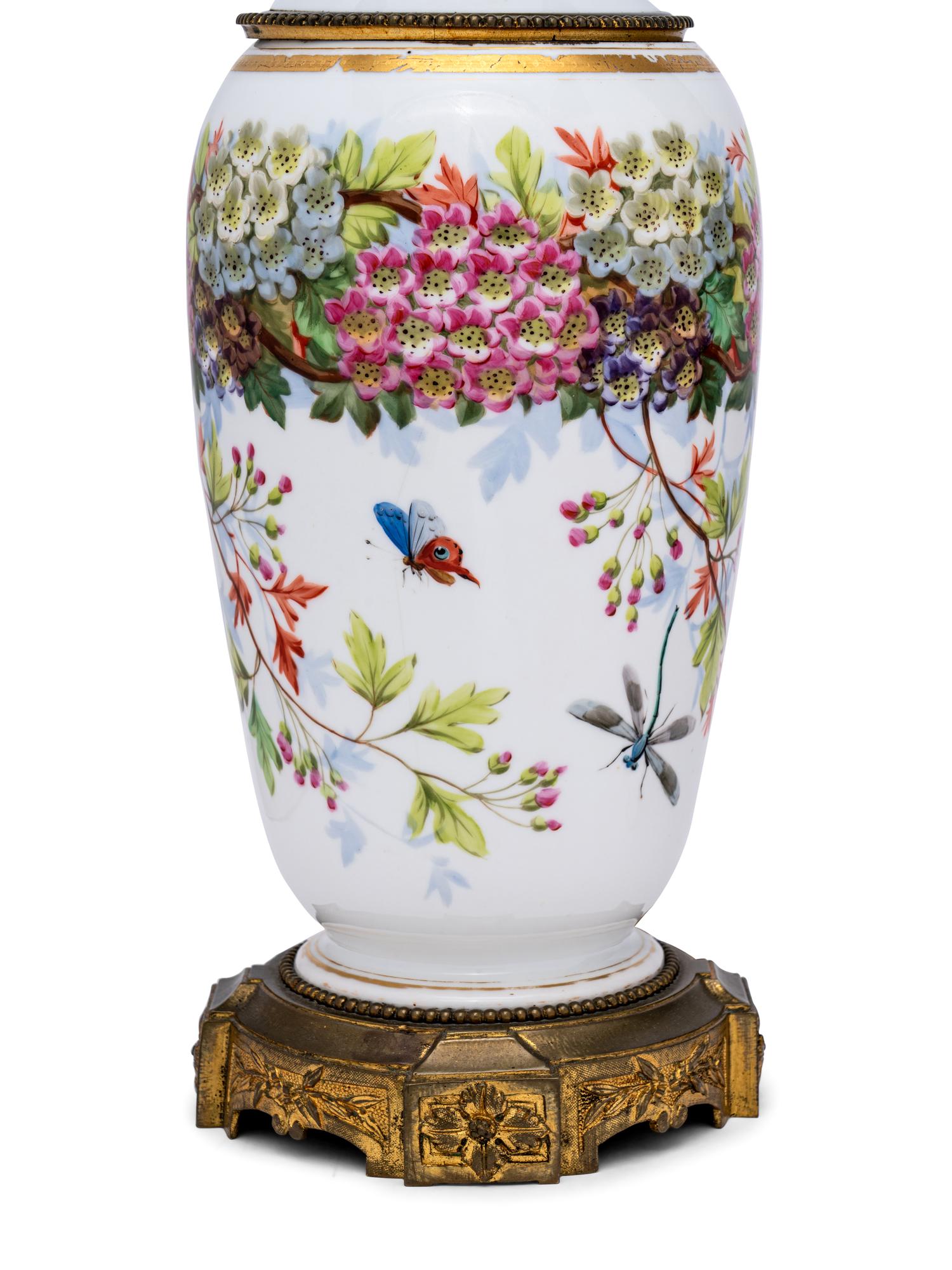 A French Painted Opaline Glass Vase Mounted as a Lamp