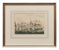 Three Nautical Color Engravings: Lord Howe in the Queen Charlotte, Bombardment of Algiers and Capture & Destruction of Four Spanish Frigates