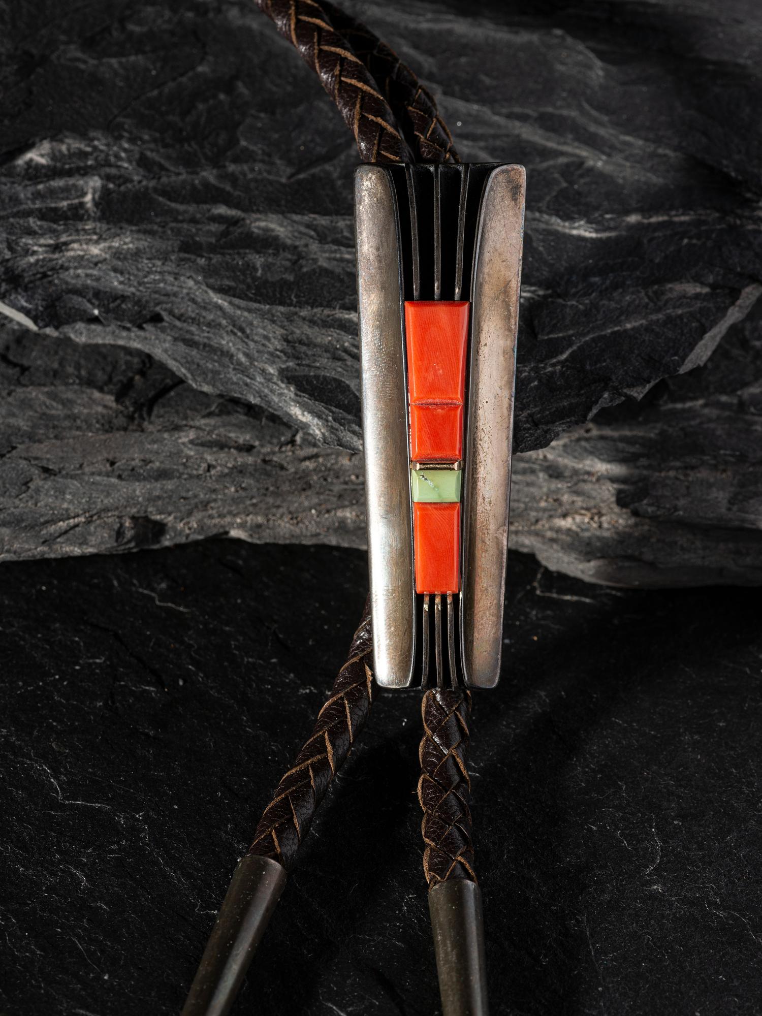 Silver Bolo Tie, set with Coral, Turquoise, and 14K Gold Spacers