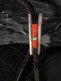 Silver Bolo Tie, set with Coral, Turquoise, and 14K Gold Spacers