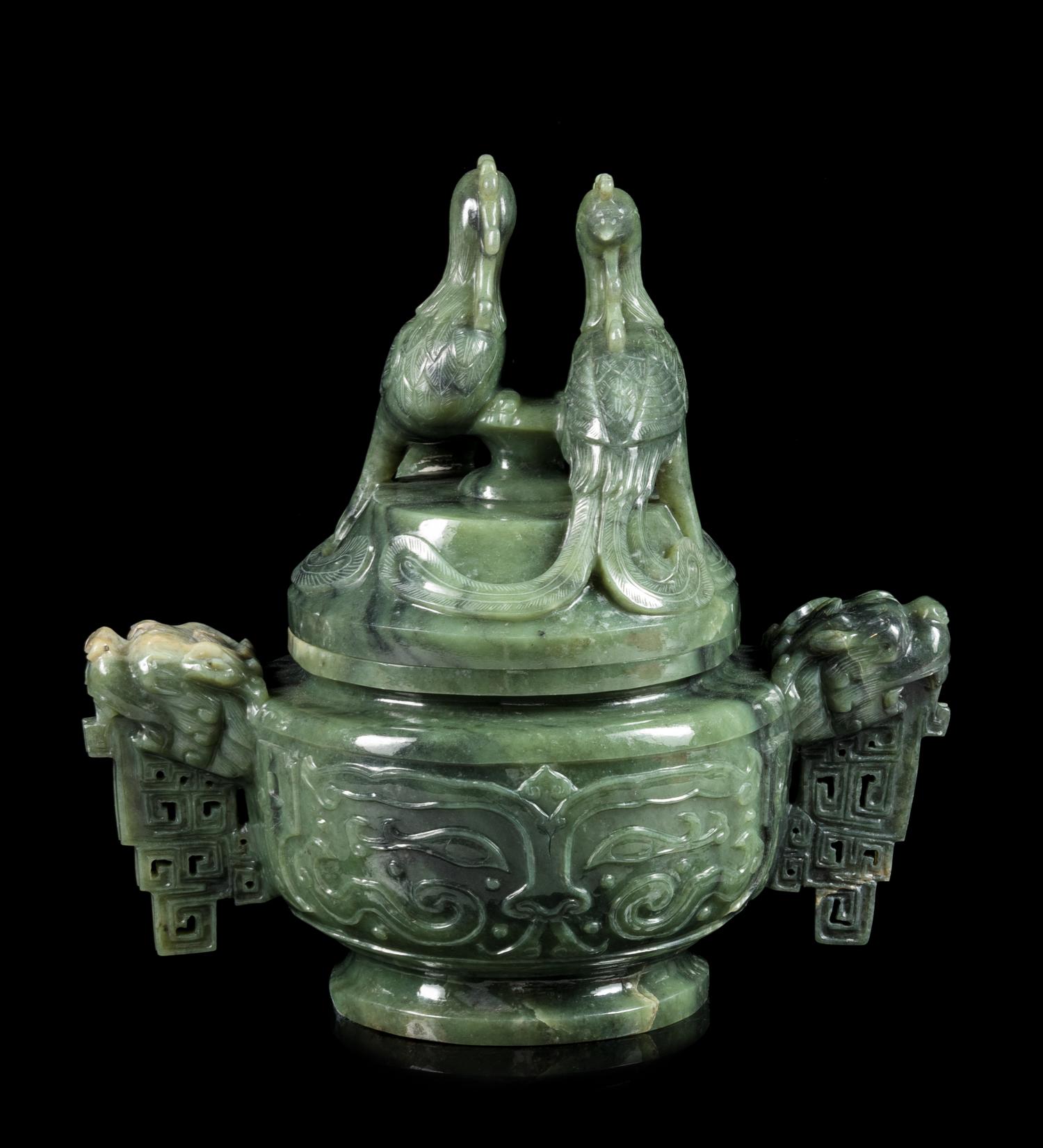 A Spinach Jade Incense Burner Height 10 3/4 inches. — 20TH CENTURY