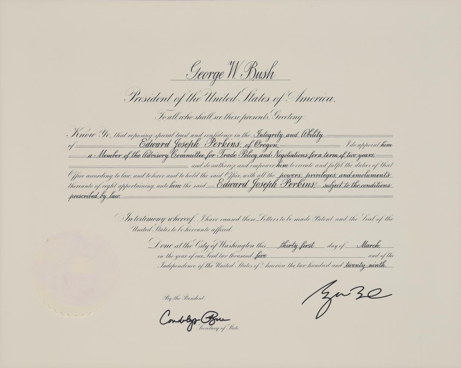 [POLITICS]. [PERKINS, Edward Joseph (1928-2020)]. A group of 9 appointments by Presidents Reagan, Bush, Clinton, and Bush to Perkins, presumably with secretarial or facsimile signatures, including: