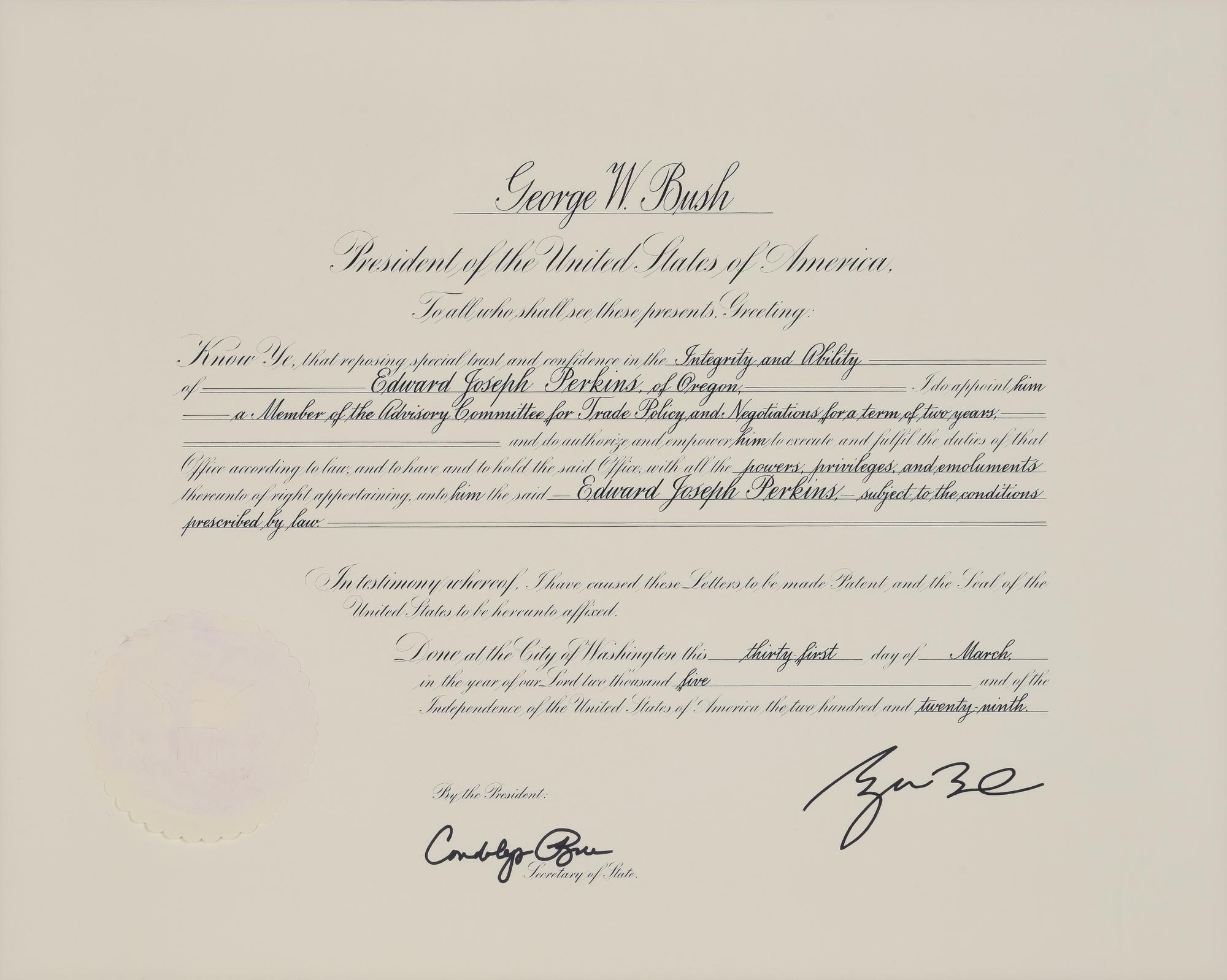[POLITICS]. [PERKINS, Edward Joseph (1928-2020)]. A group of 9 appointments by Presidents Reagan, Bush, Clinton, and Bush to Perkins, presumably with secretarial or facsimile signatures, including: