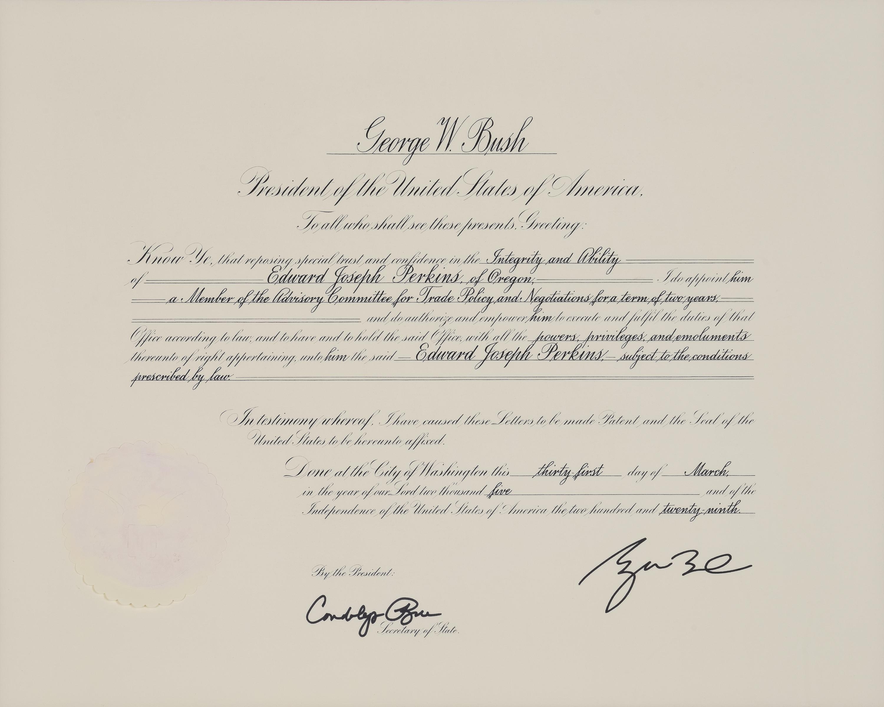 [POLITICS]. [PERKINS, Edward Joseph (1928-2020)]. A group of 9 appointments by Presidents Reagan, Bush, Clinton, and Bush to Perkins, presumably with secretarial or facsimile signatures, including: