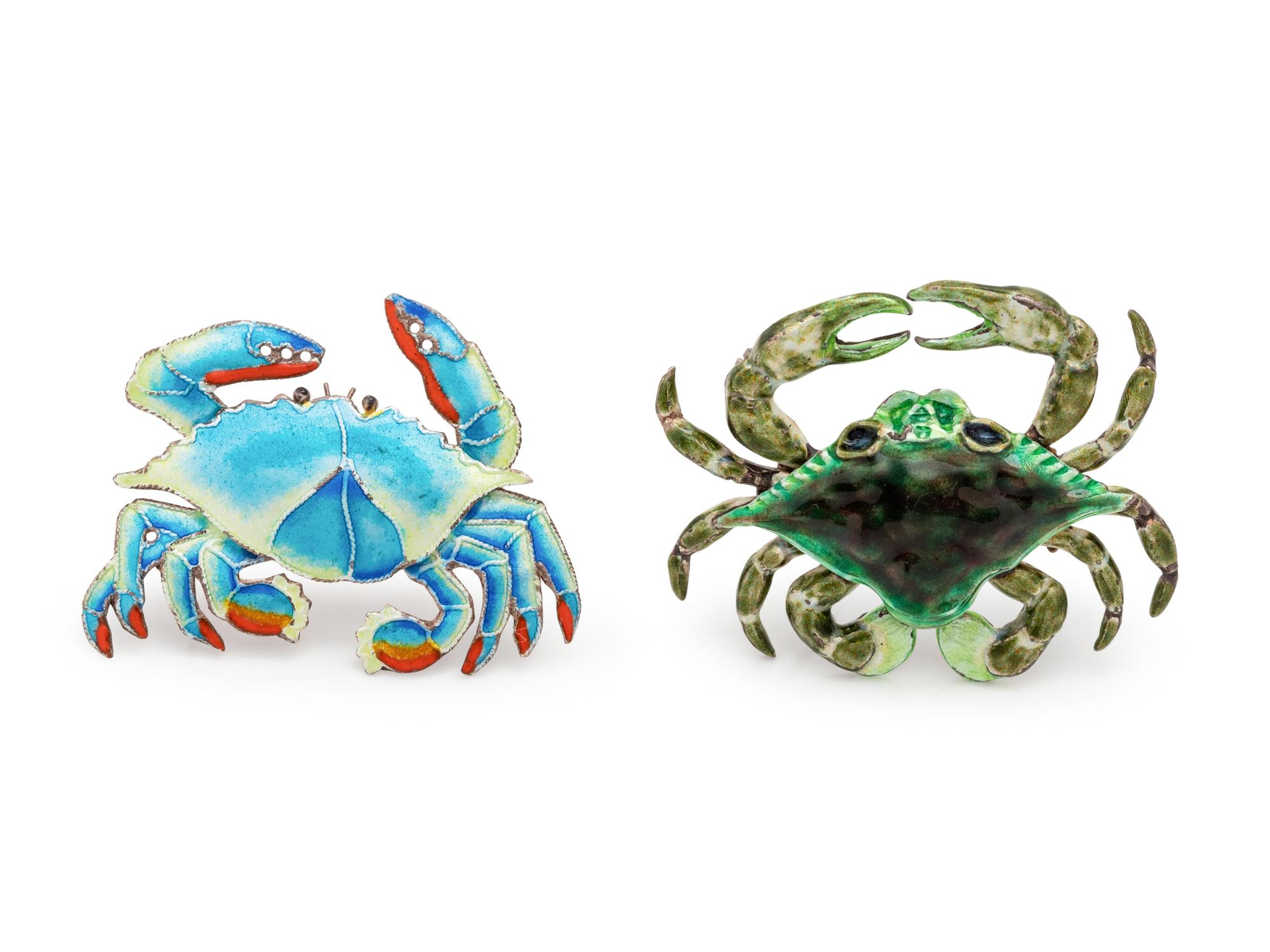 A Collection of Silver and Enamel Crab Brooches,