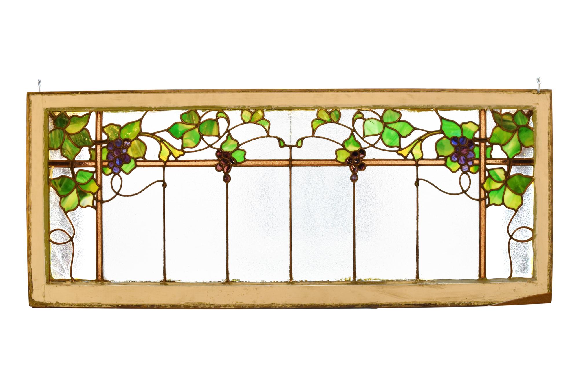 A Grape Vine Scenic Leaded Glass Window 60" W x 1.5" D x 24.5" H — United States, Circa 1900