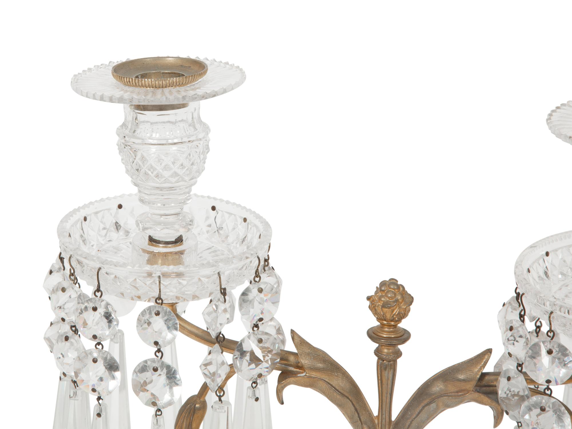 A Pair of Regency Style Gilt Bronze and Cut Glass Two-Light Candelabra