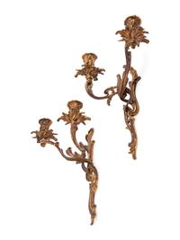 A Pair of Louis XV Style Gilt Bronze Two-Light Sconces