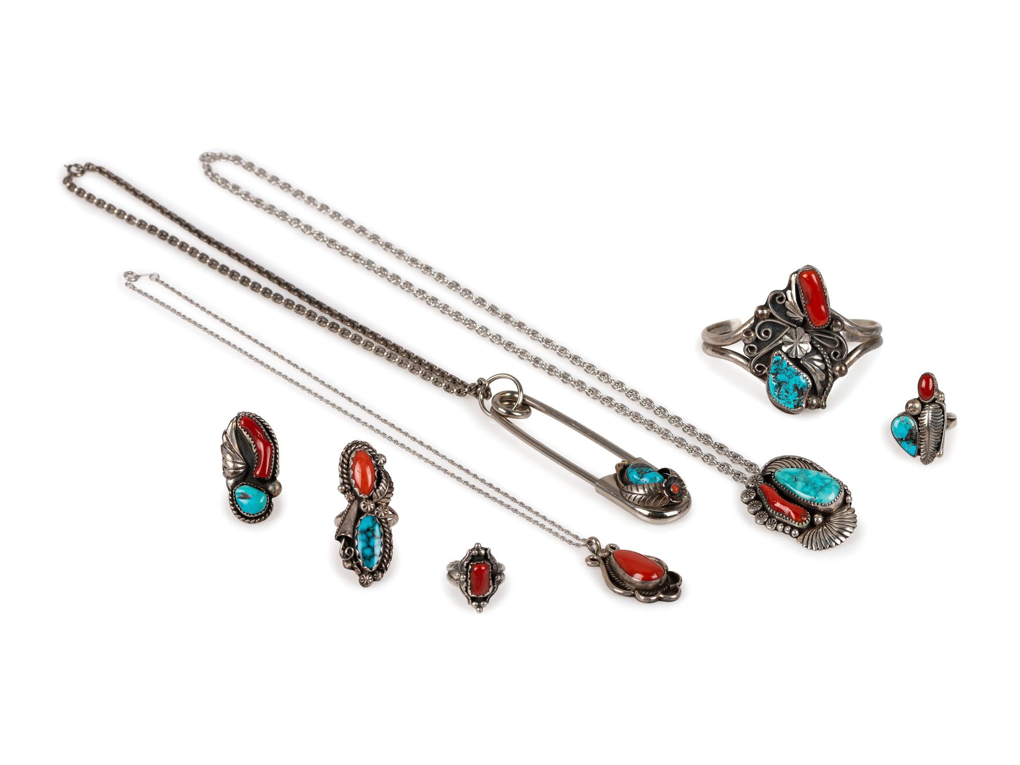 Navajo Silver, Coral, and Turquoise Jewelry