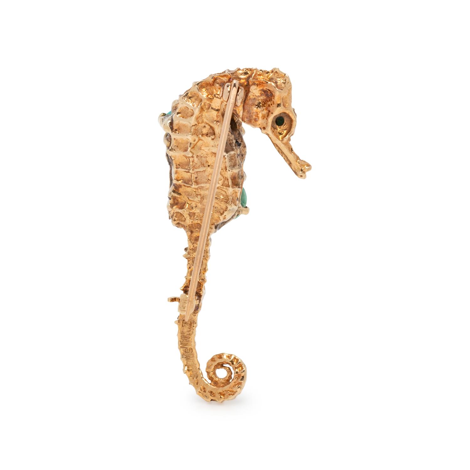SEAMAN SCHEPPS, YELLOW GOLD AND TURQUOISE SEAHORSE BROOCH