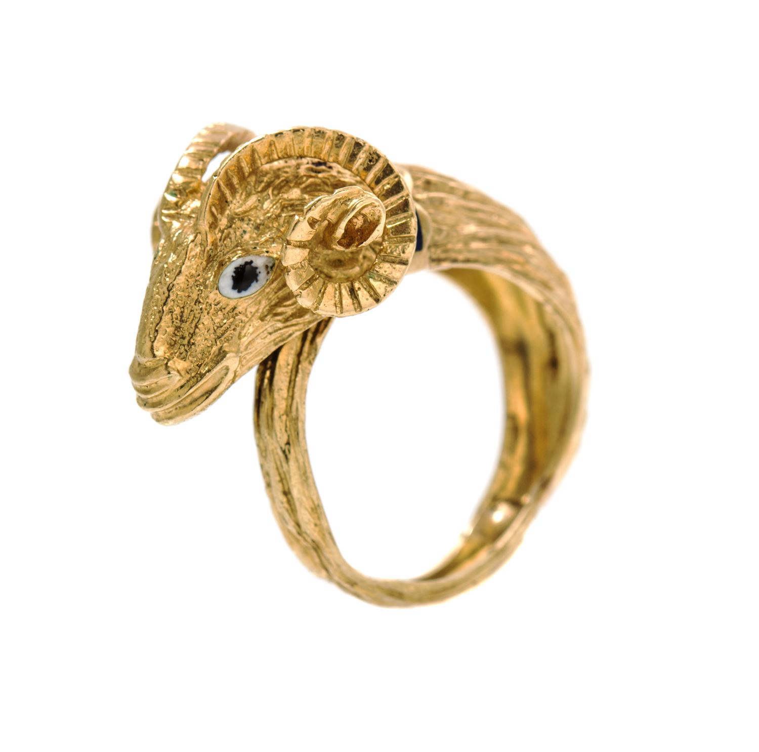 An 18 Karat Yellow Gold and Polychrome Enamel Ram's Head Ring, 6.60 dwts.