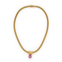 Synthetic Pink Sapphire, Diamond, and Yellow Gold Slide Pendant Necklace