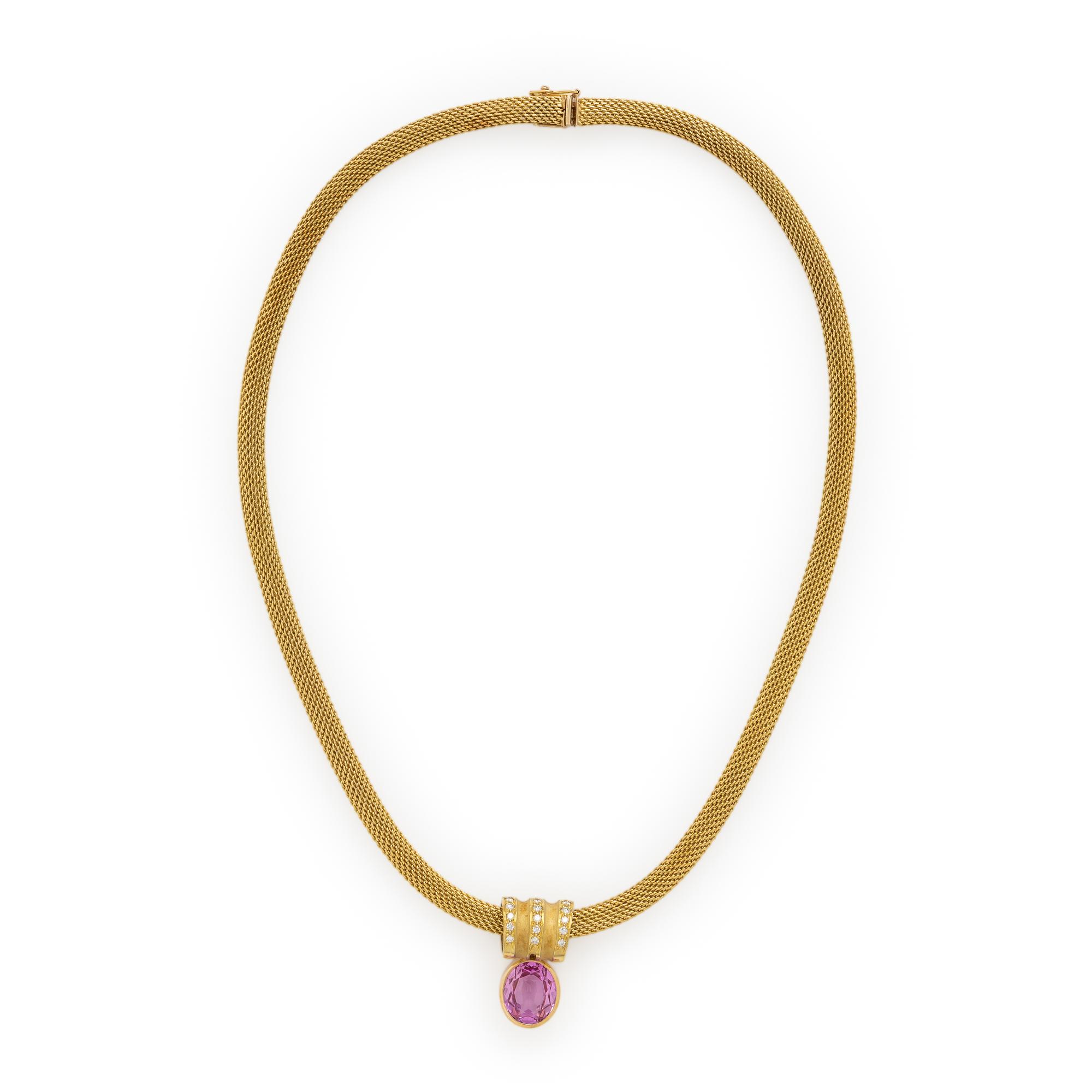 Synthetic Pink Sapphire, Diamond, and Yellow Gold Slide Pendant Necklace