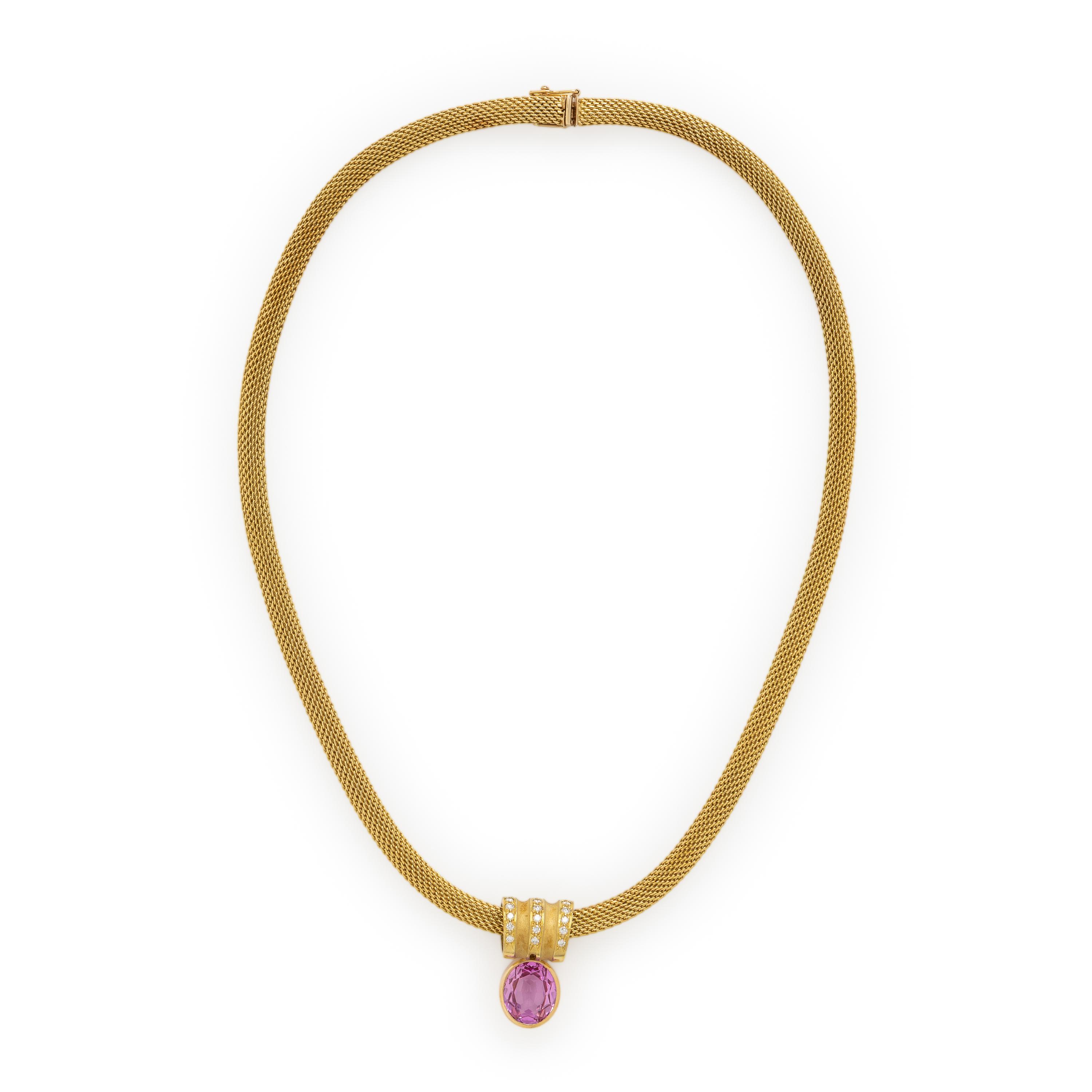 Synthetic Pink Sapphire, Diamond, and Yellow Gold Slide Pendant Necklace