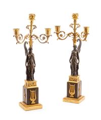 A Pair of Empire Gilt and Patinated Bronze Three-Light Candelabra Height 19 5/8 inches. — 19TH CENTURY
