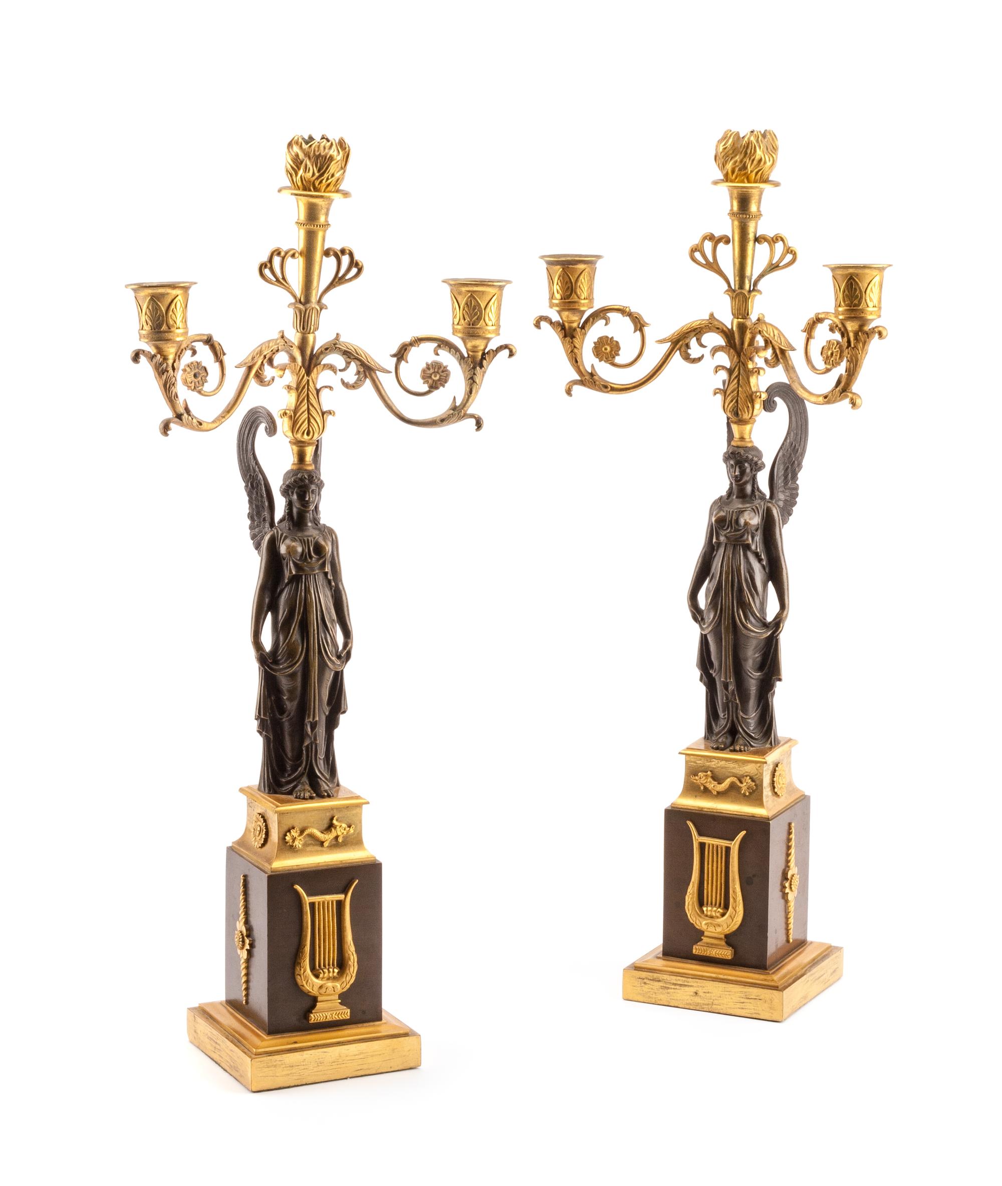 A Pair of Empire Gilt and Patinated Bronze Three-Light Candelabra Height 19 5/8 inches. — 19TH CENTURY
