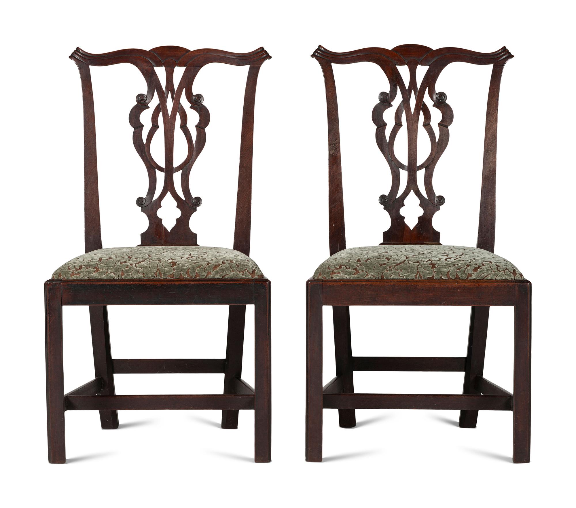 A Pair of Chippendale Volute-Carved Mahogany Side Chairs