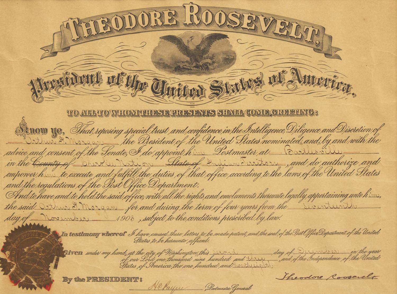 [Presidential] Roosevelt, Theodore. Partially-Printed Document, signed