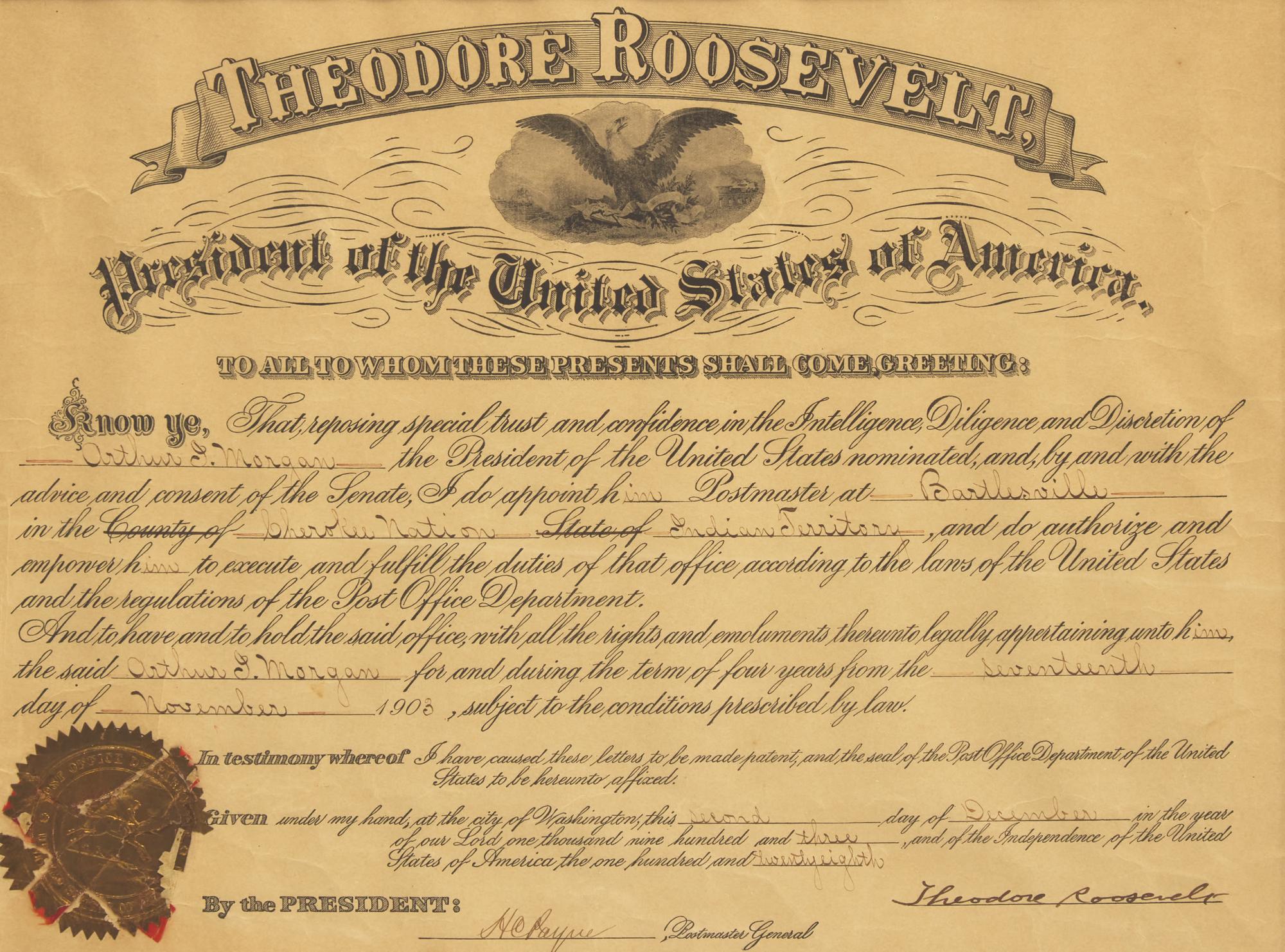 [Presidential] Roosevelt, Theodore. Partially-Printed Document, signed