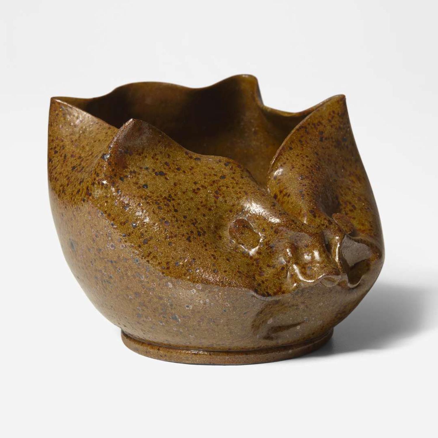 George Ohr (American, 1857-1918) Folded "Cat Face" Vessel in Speckled Olive-Brown Glaze, Biloxi, Mississippi, USA, circa 1897-1900