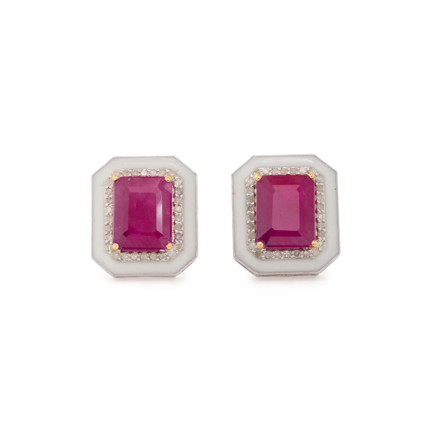 RUBY, DIAMOND AND ENAMEL EARRINGS