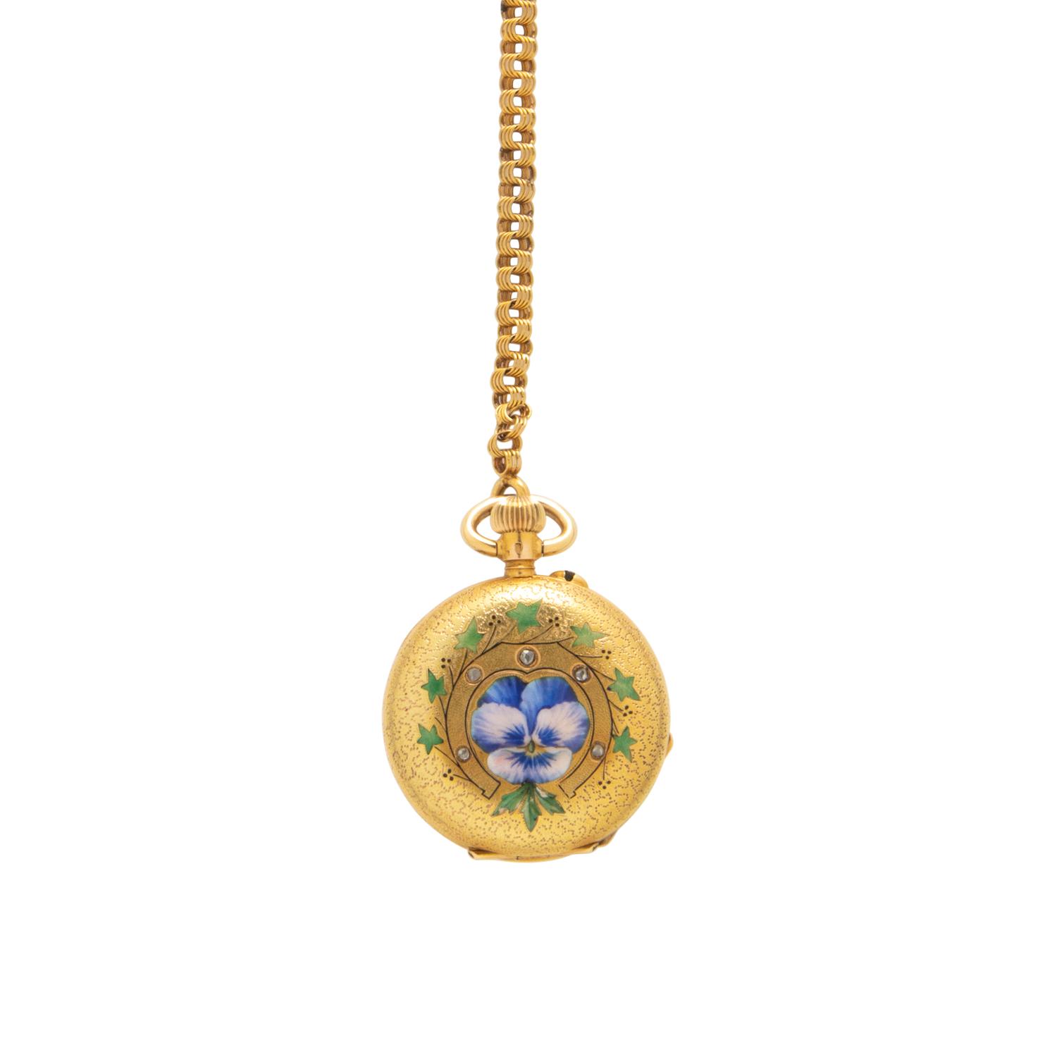 YELLOW GOLD, ENAMEL AND DIAMOND POCKET WATCH AND FOB CHAIN