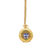 YELLOW GOLD, ENAMEL AND DIAMOND POCKET WATCH AND FOB CHAIN