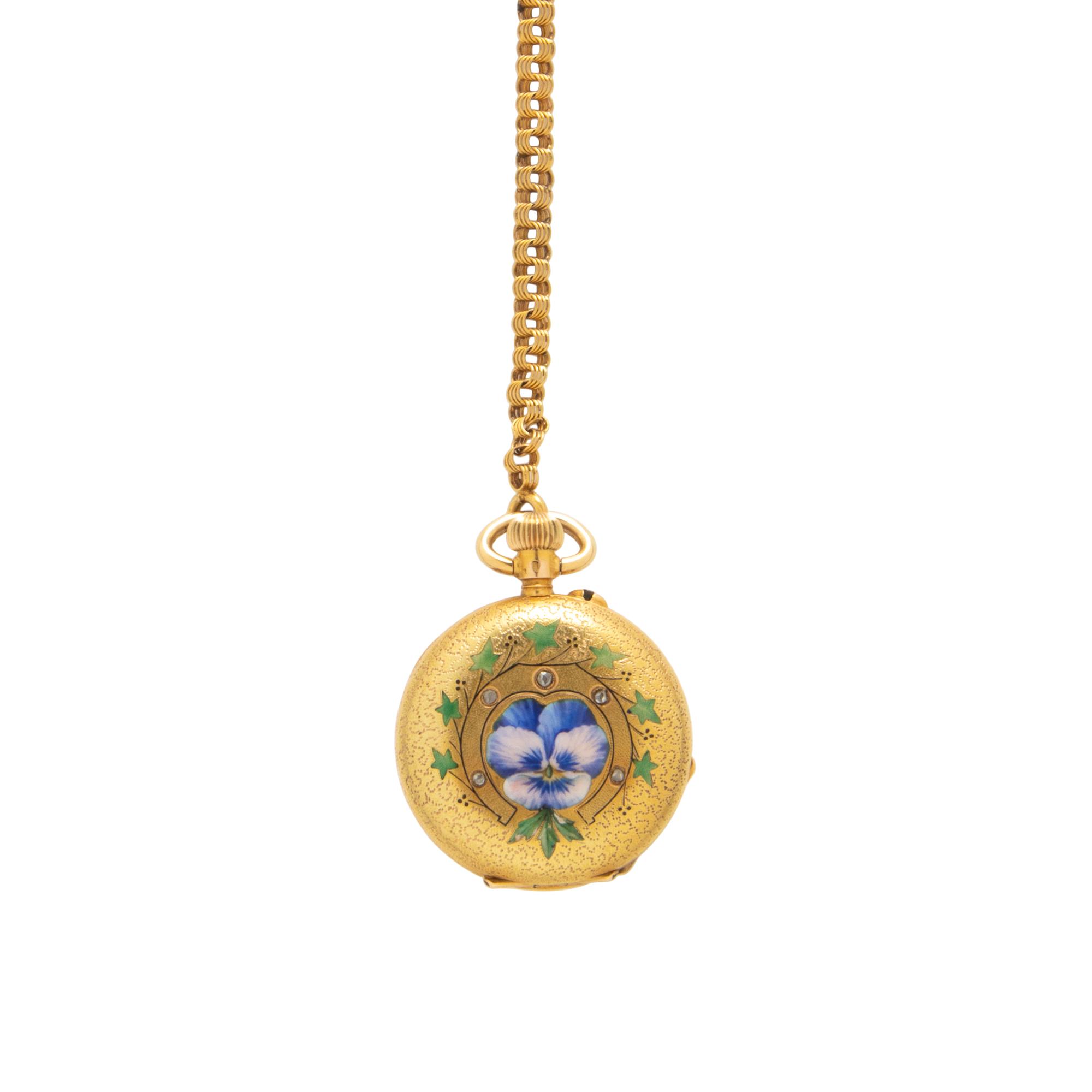 YELLOW GOLD, ENAMEL AND DIAMOND POCKET WATCH AND FOB CHAIN