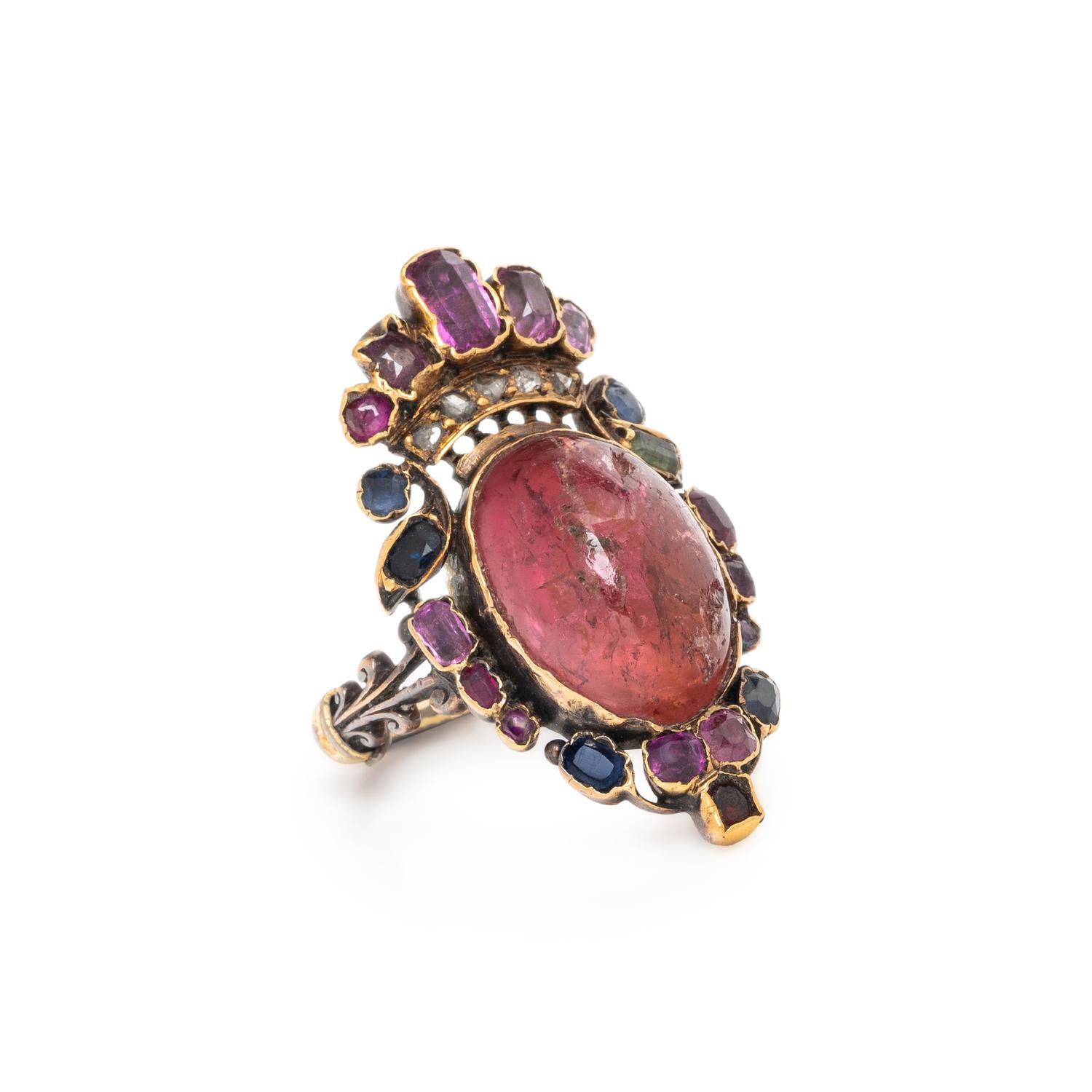 VICTORIAN, TOURMALINE AND MULTIGEM CROWN RING