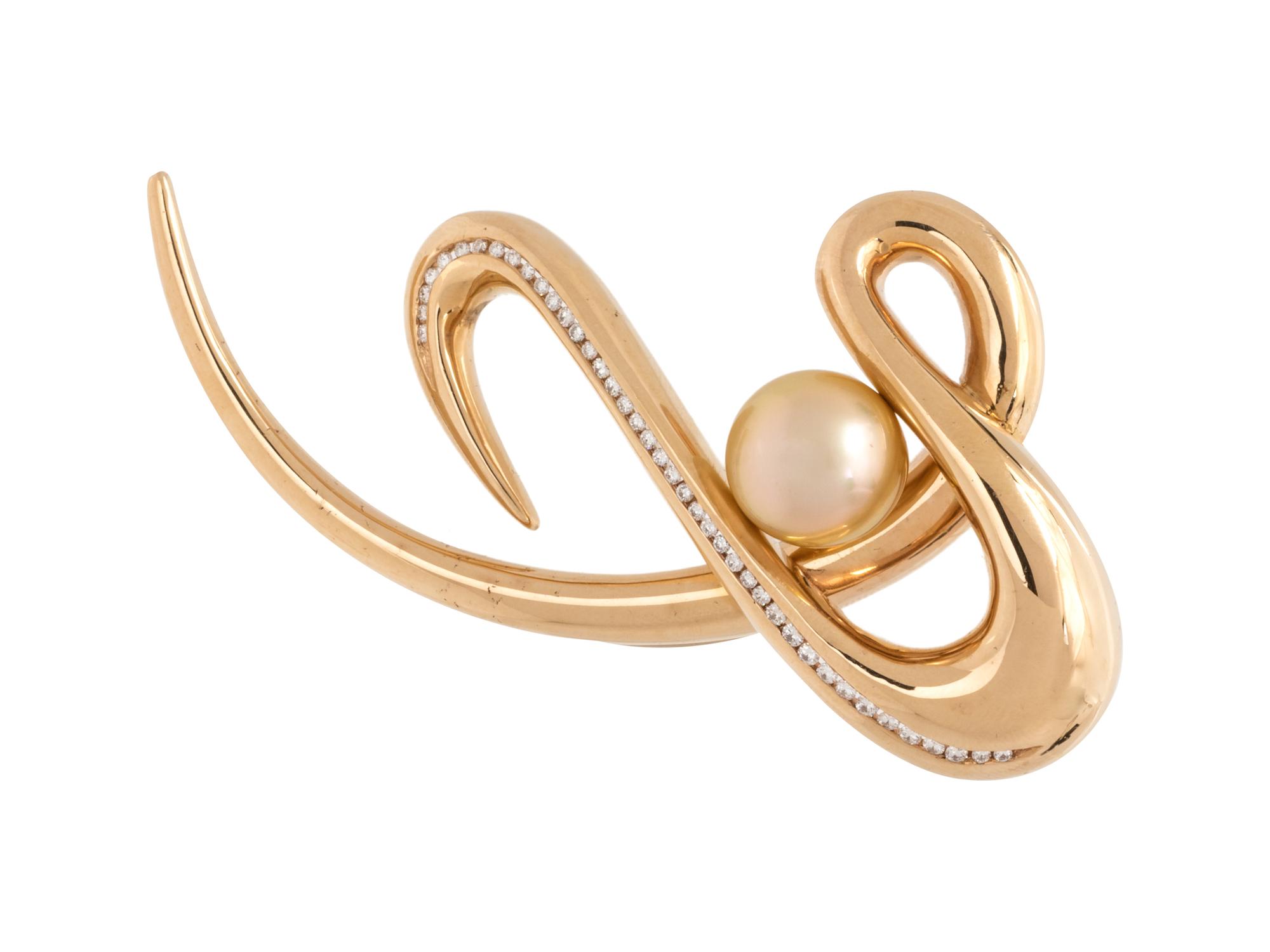 A 14 Karat Yellow Gold, Cultured South Sea Pearl and Diamond Brooch,