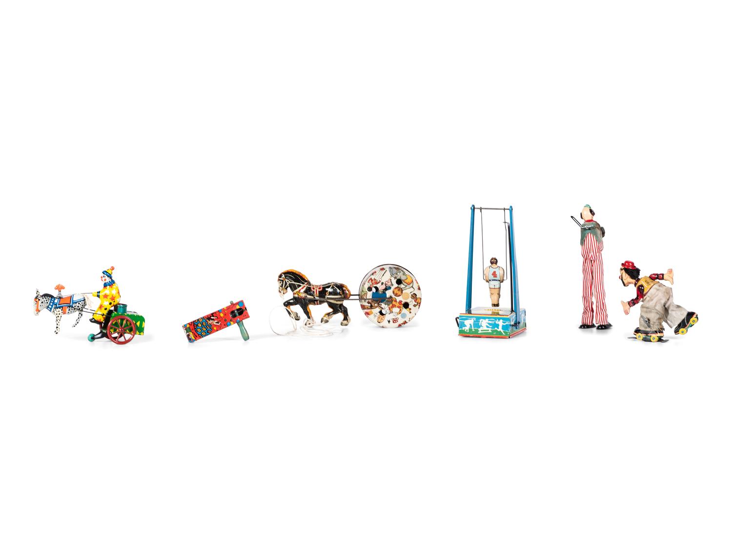 Six Tin Clown and Circus Toys