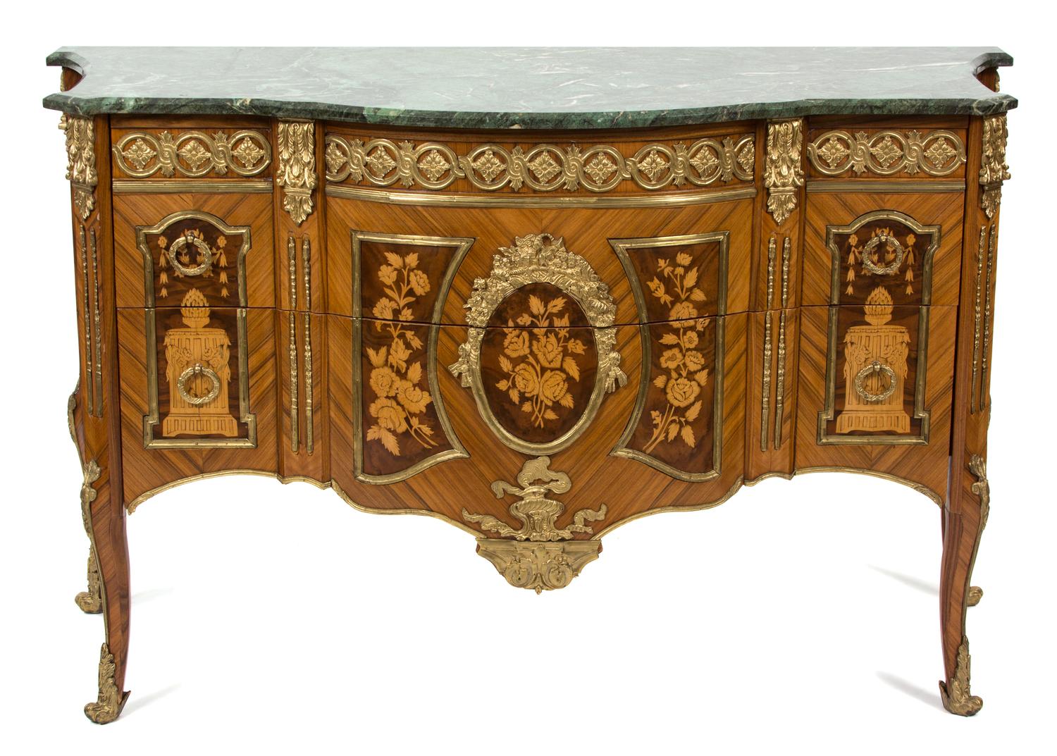 A Louis XV/XVI Transitional Style Marquetry Kingwood Marble Top Commode Height 36 x width 57 x depth 23 inches. — 20TH CENTURY