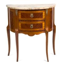 A Louis XV/XVI Transitional Inlaid Mahogany Gilt Metal Mounted Demilune Side Cabinet Height 27 3/4 x width 26 x depth 13 3/4 inches. — LATE 19TH/EARLY 20TH CENTURY