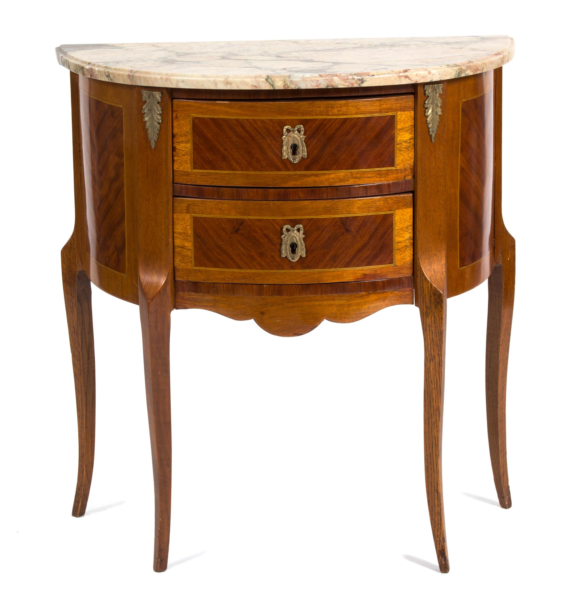 A Louis XV/XVI Transitional Inlaid Mahogany Gilt Metal Mounted Demilune Side Cabinet Height 27 3/4 x width 26 x depth 13 3/4 inches. — LATE 19TH/EARLY 20TH CENTURY