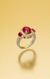 A Platinum, Yellow Gold, Burmese Ruby, Colored Diamond and Diamond "Signed Originals" Ring, Micheal Beaudry, 9.30 dwts.