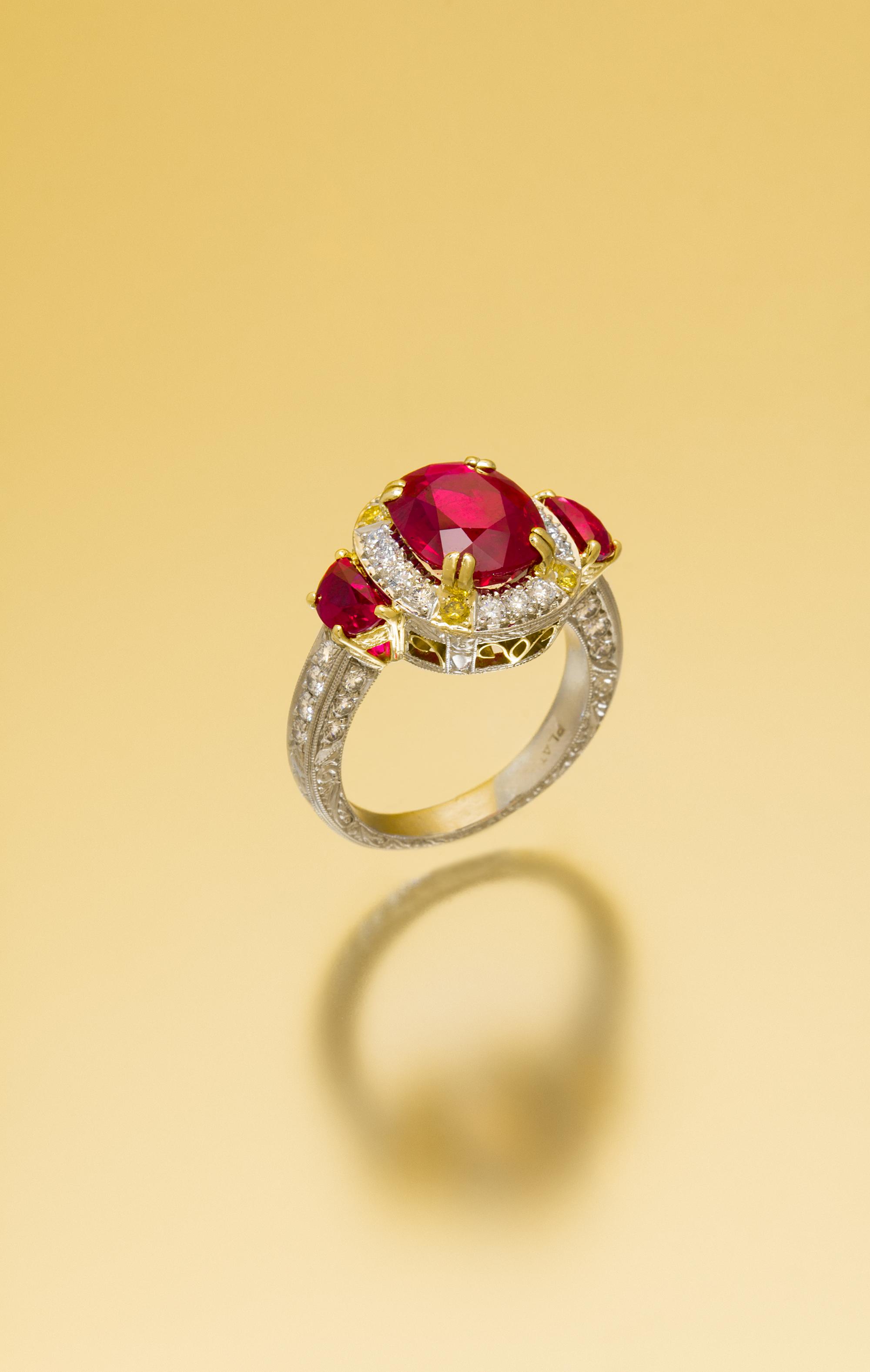 A Platinum, Yellow Gold, Burmese Ruby, Colored Diamond and Diamond "Signed Originals" Ring, Micheal Beaudry, 9.30 dwts.