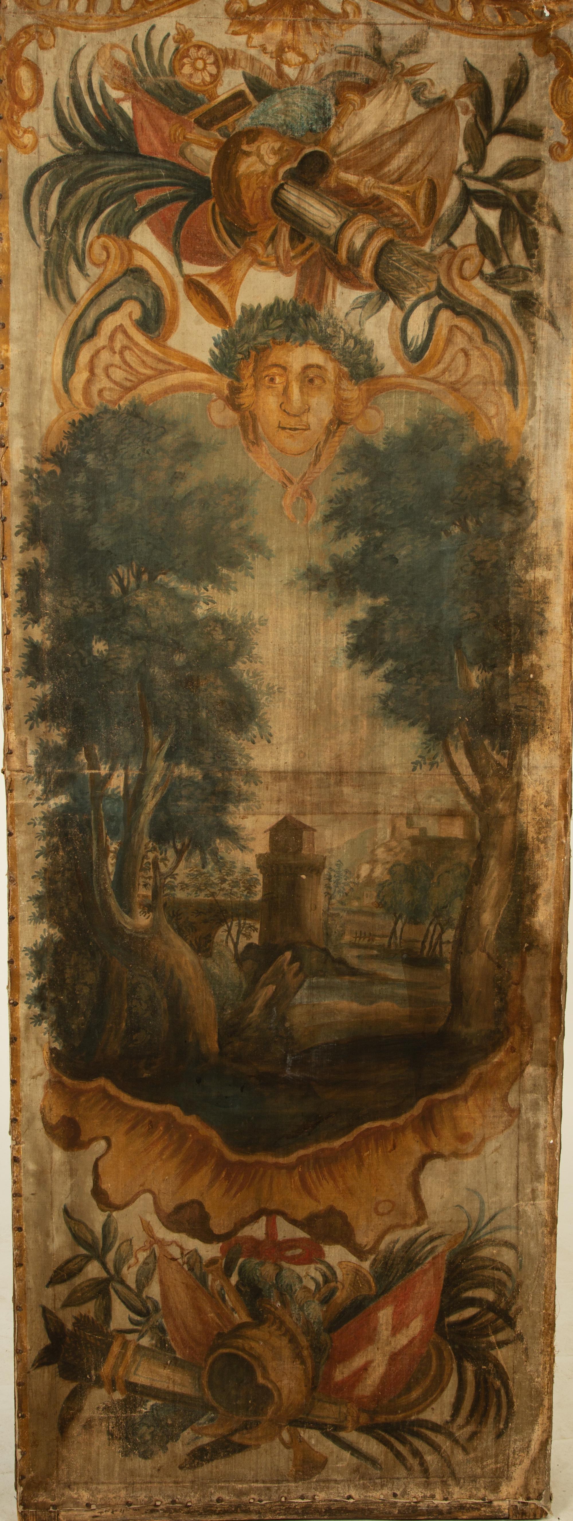 A French Five-Panel Hand Painted Canvas Floor Screen — 18TH CENTURY