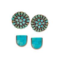 Silver Clip Earrings, with Mosaic Inlay Turquoise, PLUS
