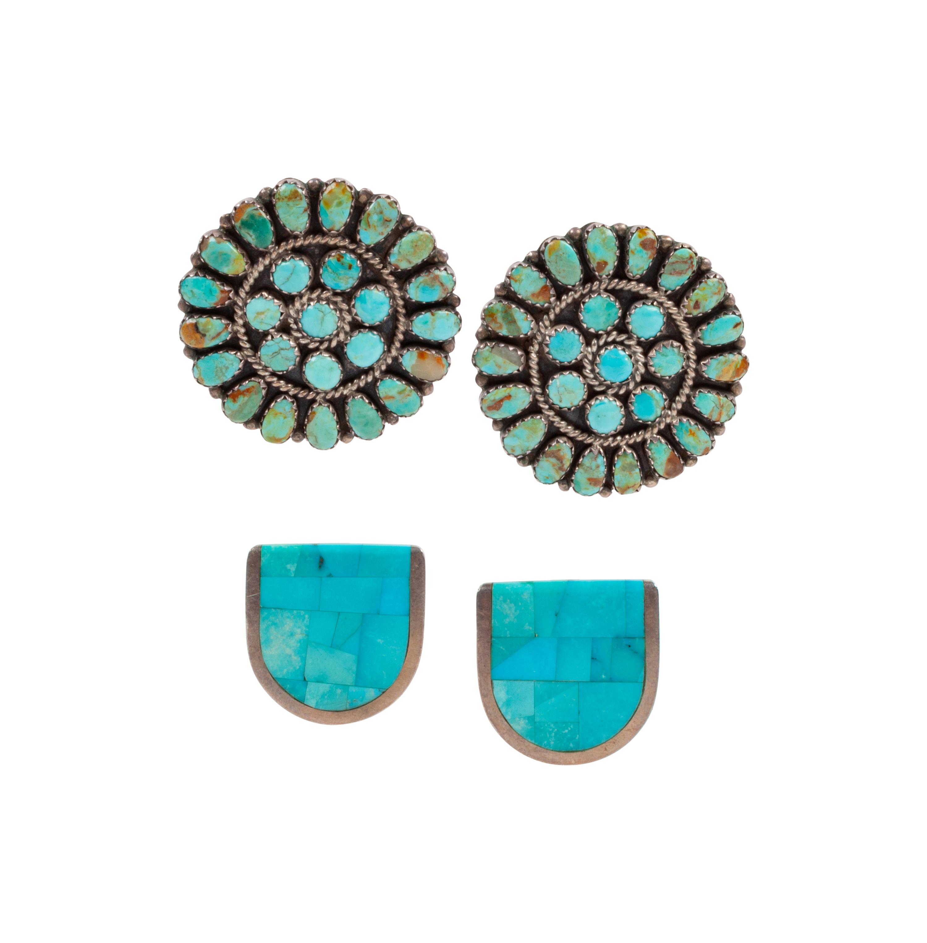 Silver Clip Earrings, with Mosaic Inlay Turquoise, PLUS