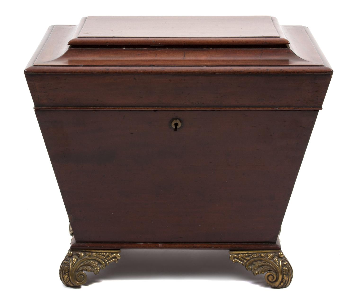 A Regency Walnut Sarcophagus Wine Cooler Height 17 x width 19 1/4 x depth 15 3/4 inches. — 19TH CENTURY